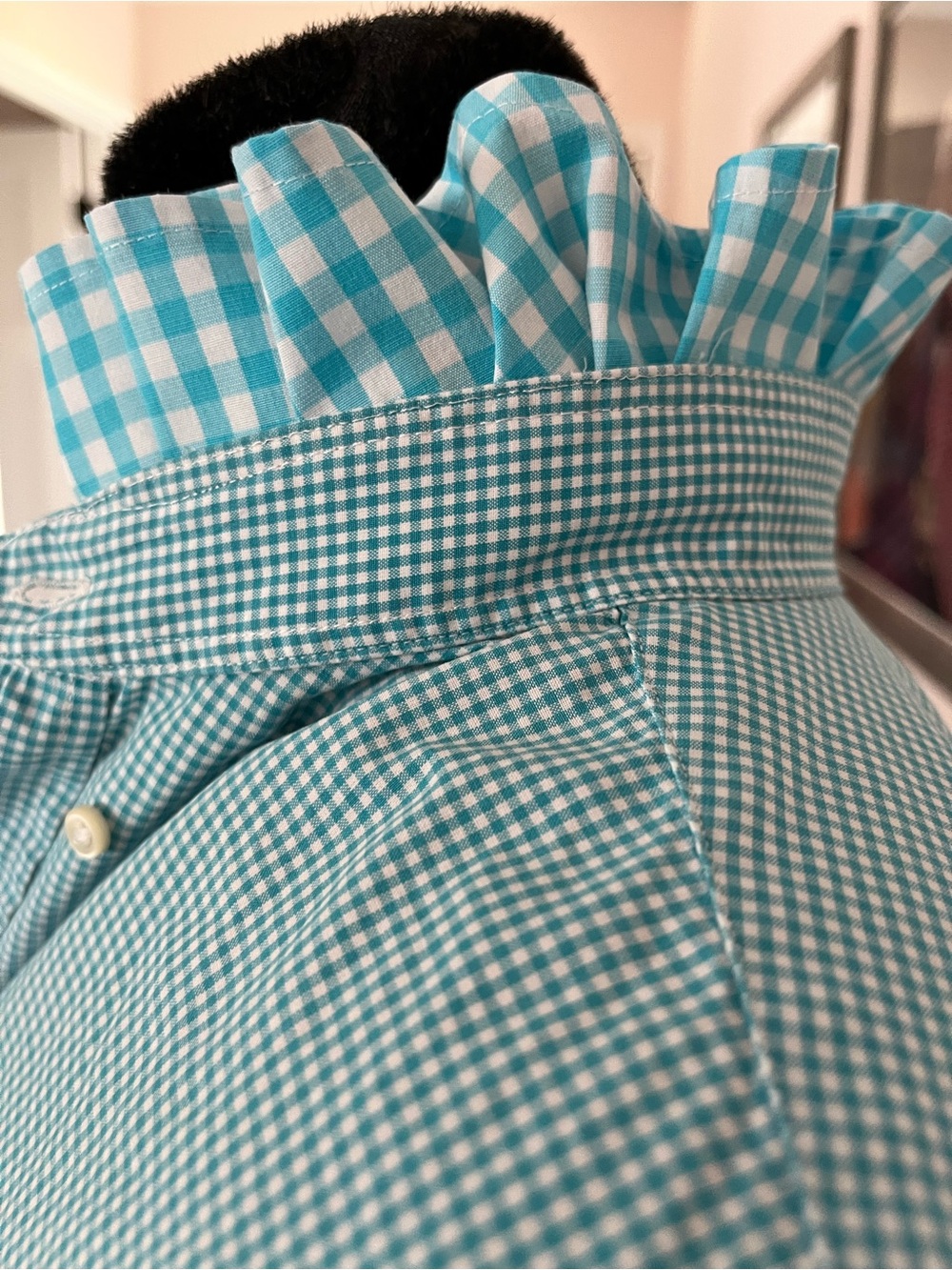 Refashioned Ralph Lauren Teal Gingham Button-Down Ruffle Collar - Picture 3 of 6